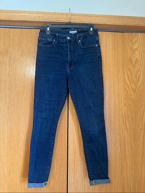 Good American Dark Blue Women's High-Rise freyed bottoms long skinnyJeans